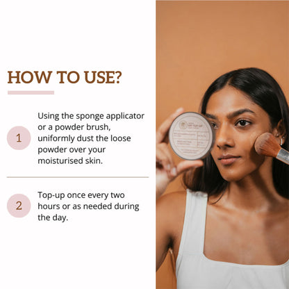 Sandiva SPF Top-Up Loose Powder with Zinc Oxide, SPF 30+ PA++++, tinted in shade 33, offers UV protection and a natural finish.