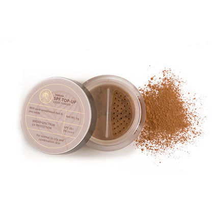 Sandiva SPF Top-Up Loose Powder with Zinc Oxide, SPF 30+ PA++++, tinted 44, UV protection, no white cast visible in the image.