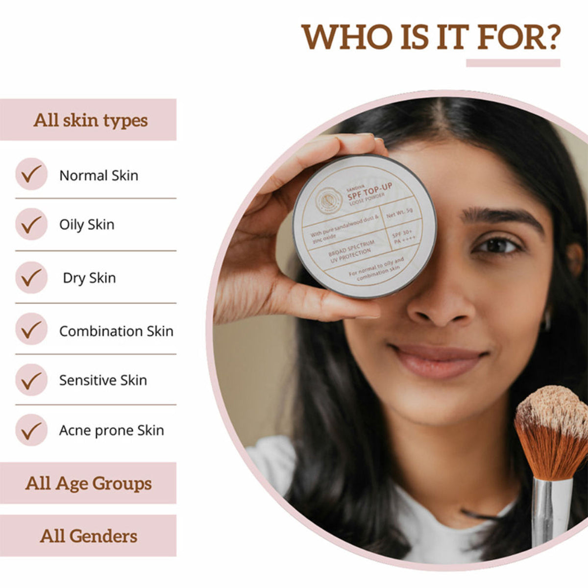 Sandiva SPF Top-Up Loose Powder with Zinc Oxide in Tint 44, SPF 30+ PA++++, UV protection, no white cast, natural finish.