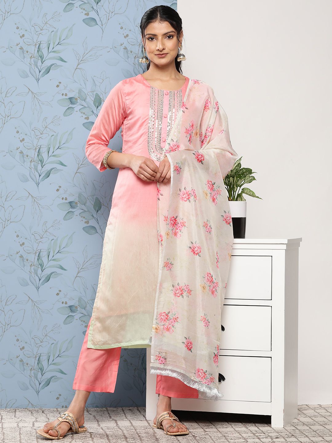 Indyancart VA Women's Pink Ombre Embroidered Sequinned Kurta with Trousers & With Dupatta