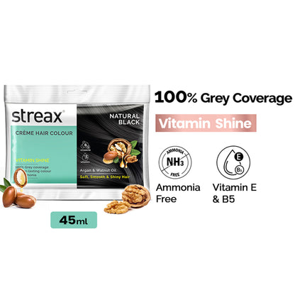 Streax Cream Hair Colour With 100% Grey Coverage & No Ammonia - 1 Natural Black