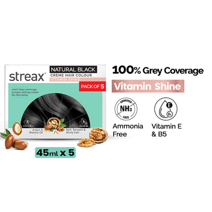 Streax Cream Hair Colour With 100% Grey Coverage & No Ammonia Pack of 5 -1 Natural Black - 1 Natural Black