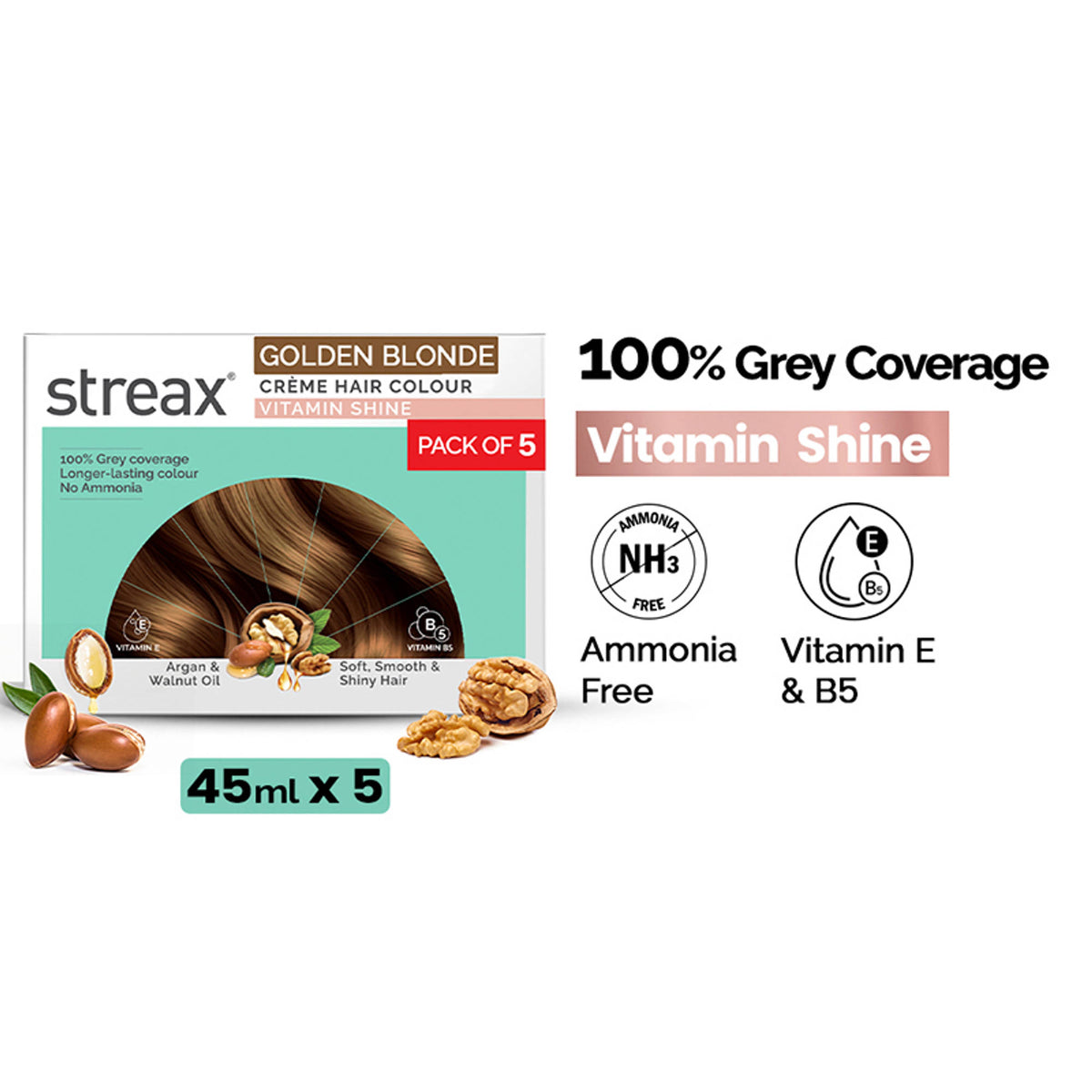Streax Cream Hair Colour With 100% Grey Coverage & No Ammonia Pack of 5 - 7.3 Golden Blonde