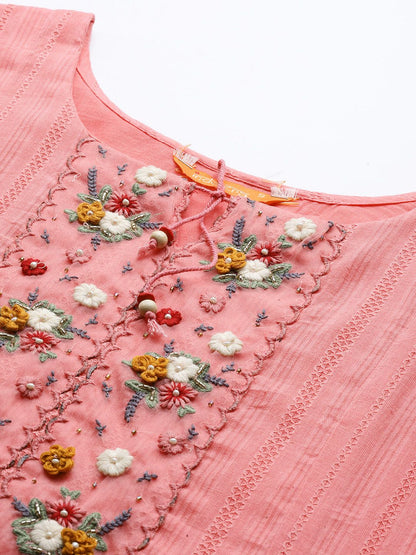 Indyancart IE Women Pink Floral Yoke Design Thread Work Kurta with Trousers & With Dupatta
