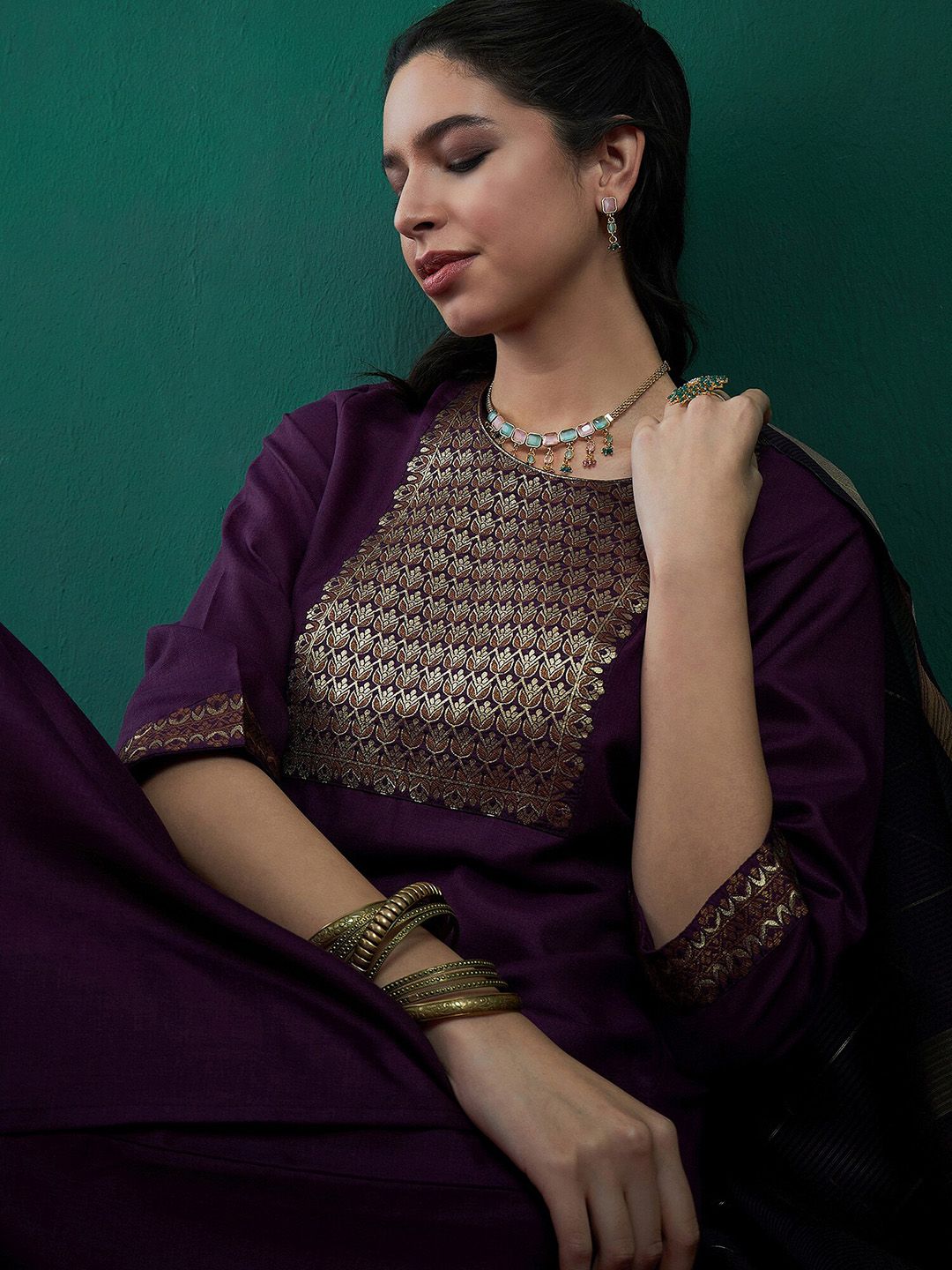 Dhiyona IE Yoke Design Regular Pure Cotton Kurta With Palazzos & Dupatta