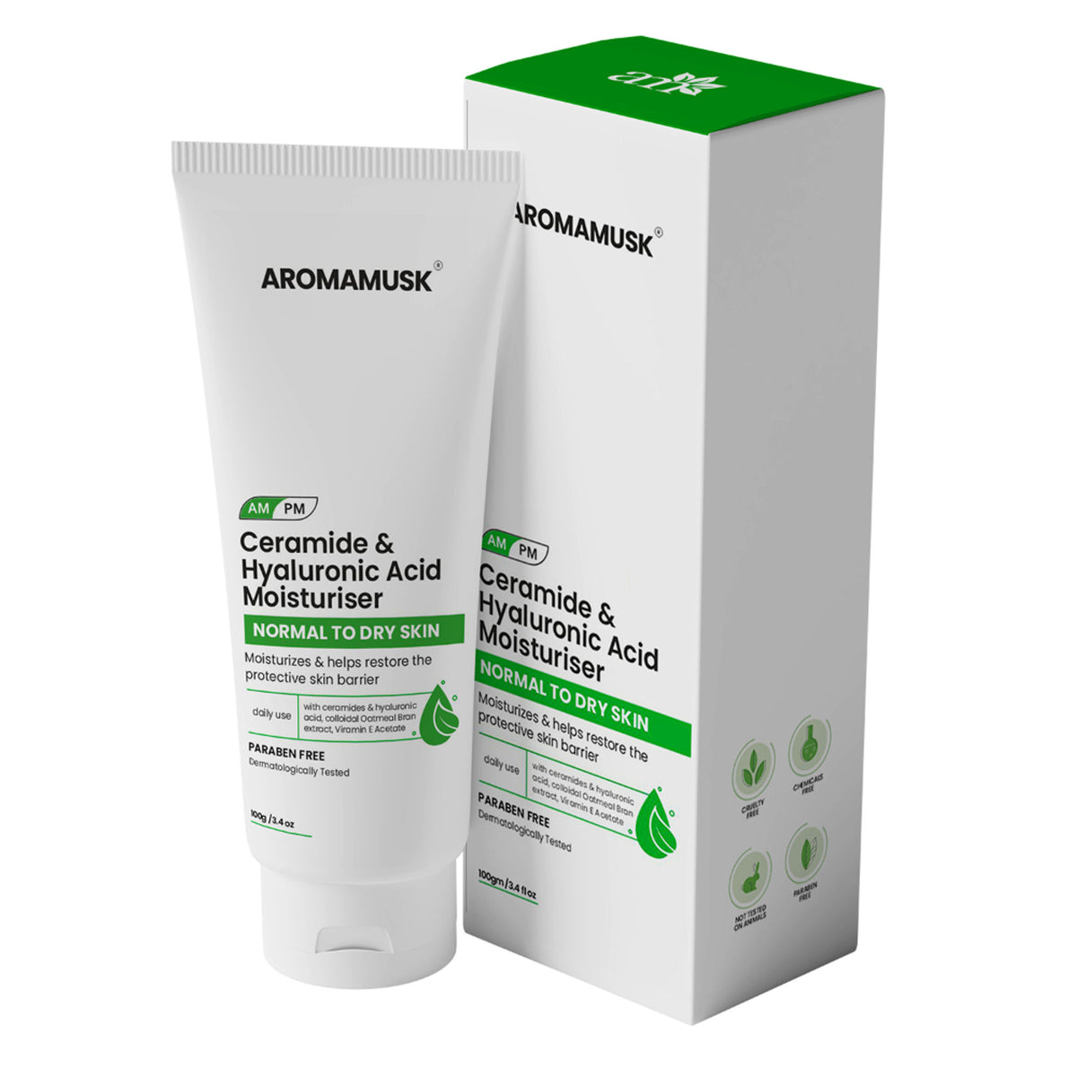 AromaMusk Ceramide and Hyaluronic Acid moisturizer jar with white and gold packaging, showcasing the skincare product.