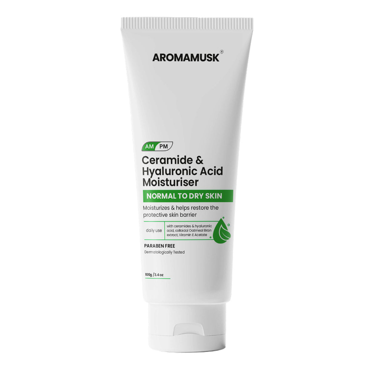 AromaMusk ceramide and hyaluronic acid moisturizer jar with product label showing, designed for hydrating and nourishing skin.