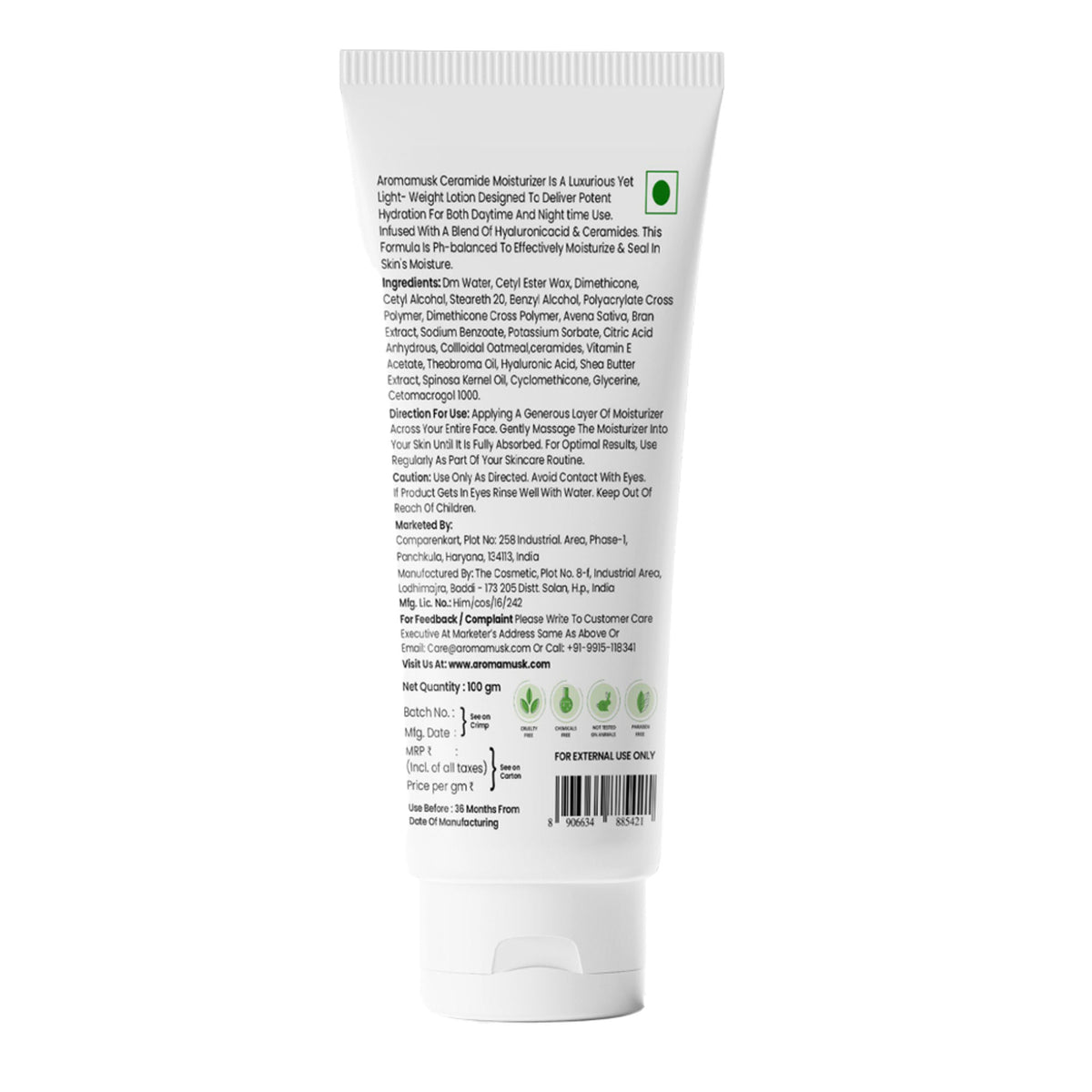 AromaMusk moisturizer jar with ceramide and hyaluronic acid, featuring a sleek design and clear labeling on a white background.