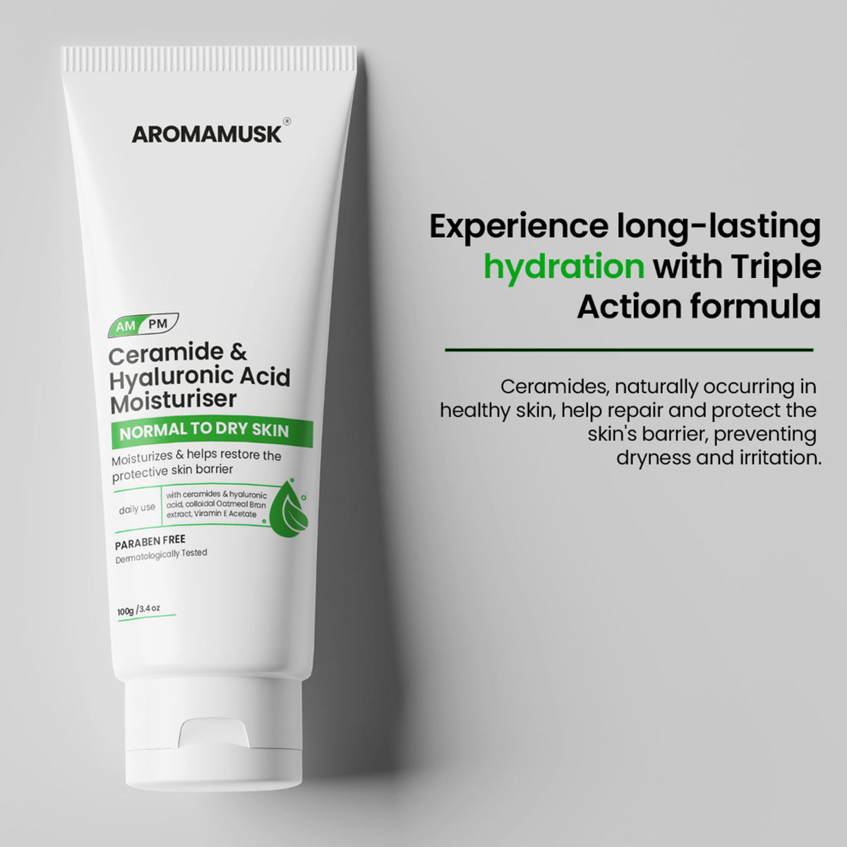 AromaMusk Ceramide and Hyaluronic Acid moisturizer jar with product label and fresh, clean design.