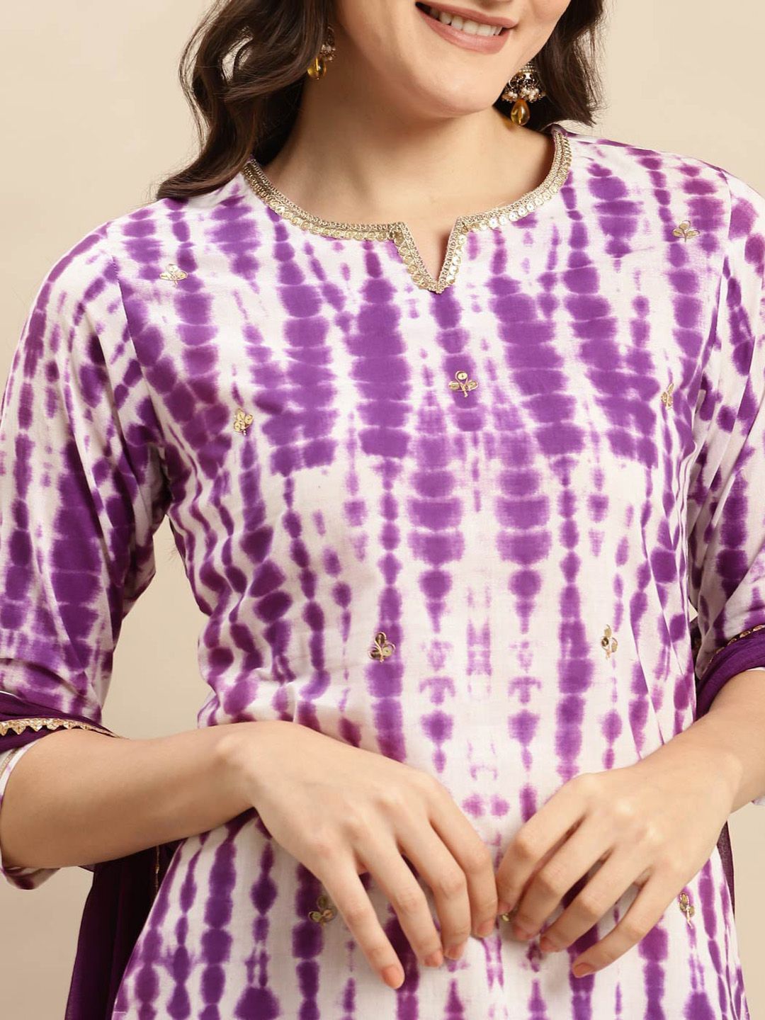 Indyancart VA Women'sShibori Dyed Regular Sequinned Pure Cotton Kurta With Trousers & Dupatta