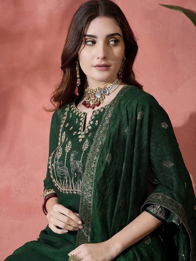 Indyancart SN Women's Floral Embroidered Straight Kurta With Trouser And Dupatta