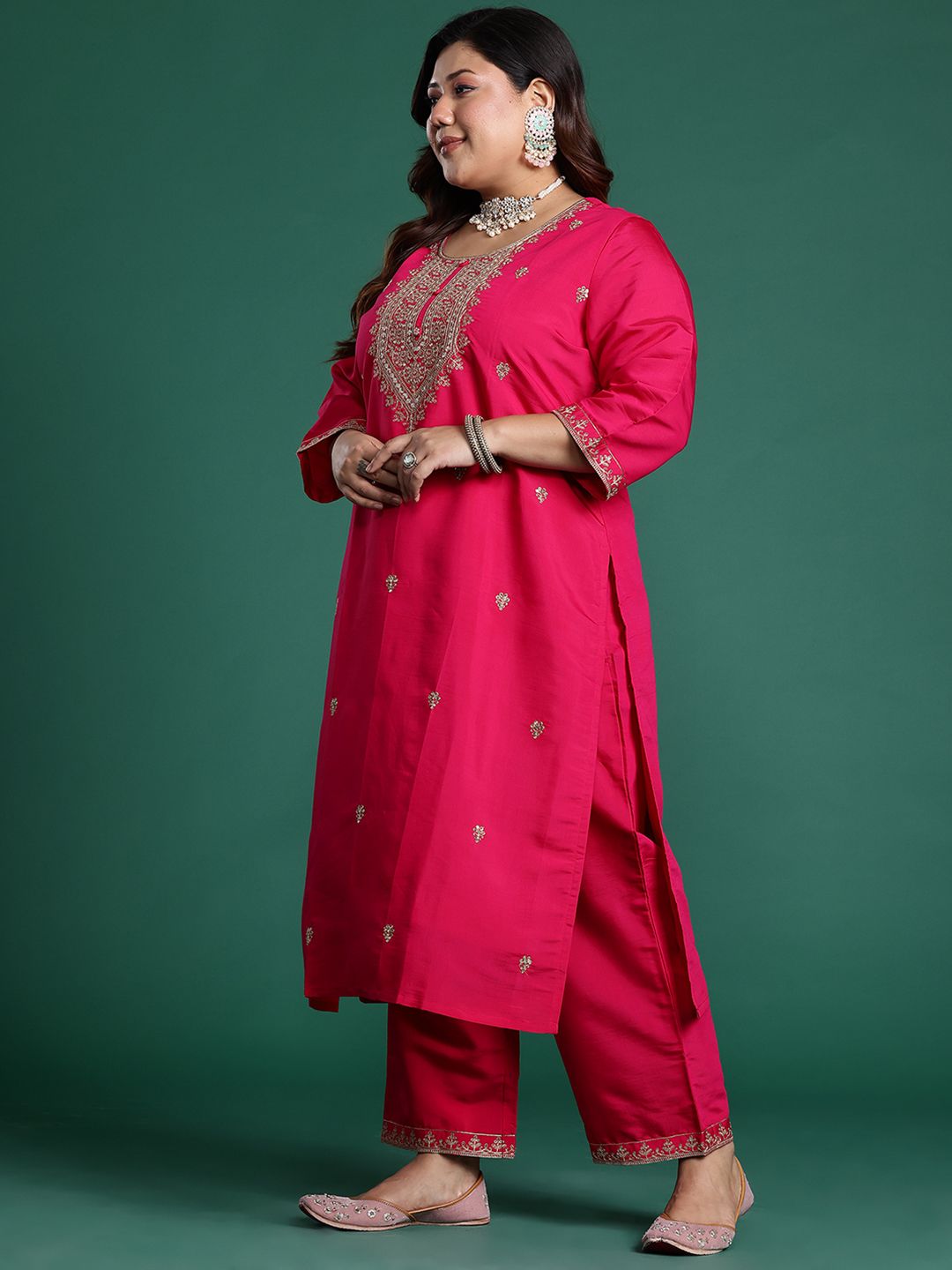 Indyancart Women's Plus Size Ethnic Motifs Embroidered Sequinned Kurta with Trousers & With Dupatta