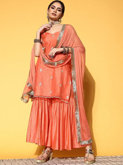 Indyancart VA Ethnic Motifs Embroidered Thread Work Kurta with Sharara & Dupatta