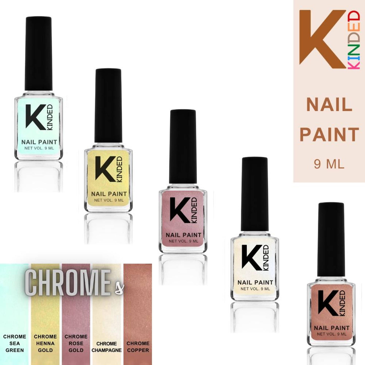 KINDED Nail Paint Nail Polish Metallic Finish - Combo of 5 Chrome