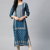 Dhiyona IE Women Navy Blue & Golden Foil Printed Straight Kurta