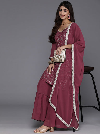 Indyancart IE Women Embroidered Straight Sequinned Kurta with Sharara & With Dupatta
