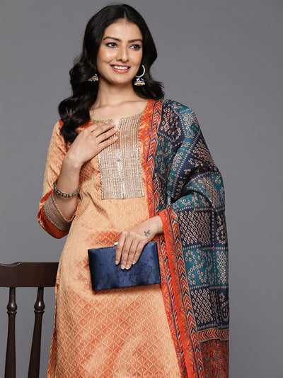 Indyancart VA Women'sJacquard Zari Kurta with Trousers & With Dupatta