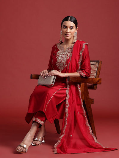 Dhiyona IE Ethnic Motifs Yoke Design Zari Panelled Liva Kurta With Trousers & Dupatta