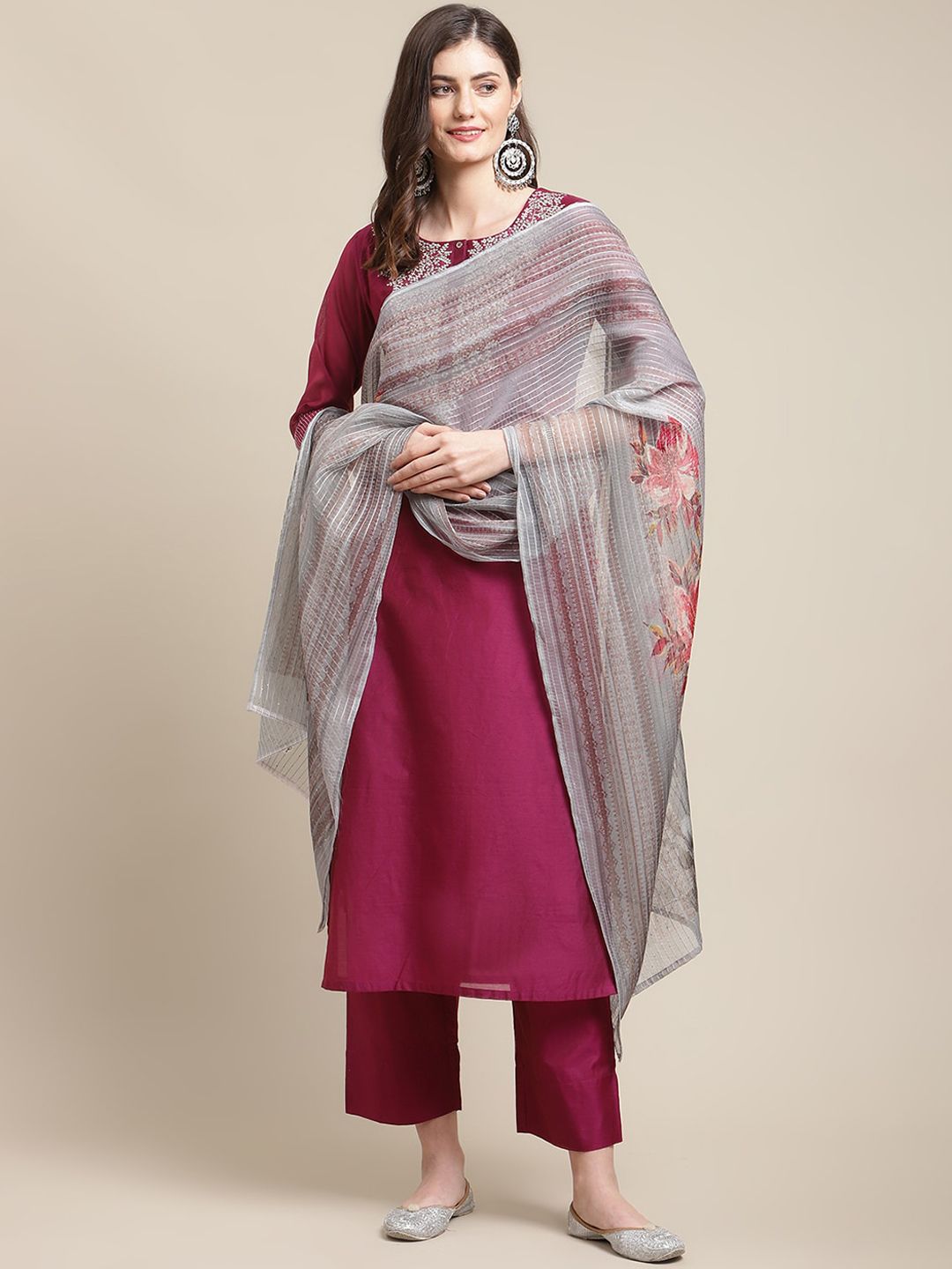 Indyancart VA Women's Magenta Floral Embroidered Chanderi Silk Kurta with Trousers & With Dupatta