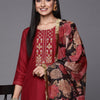 Dhiyona VA Women's Maroon & Beige Floral Embroidered Thread Work Kurta with Trousers & Dupatta