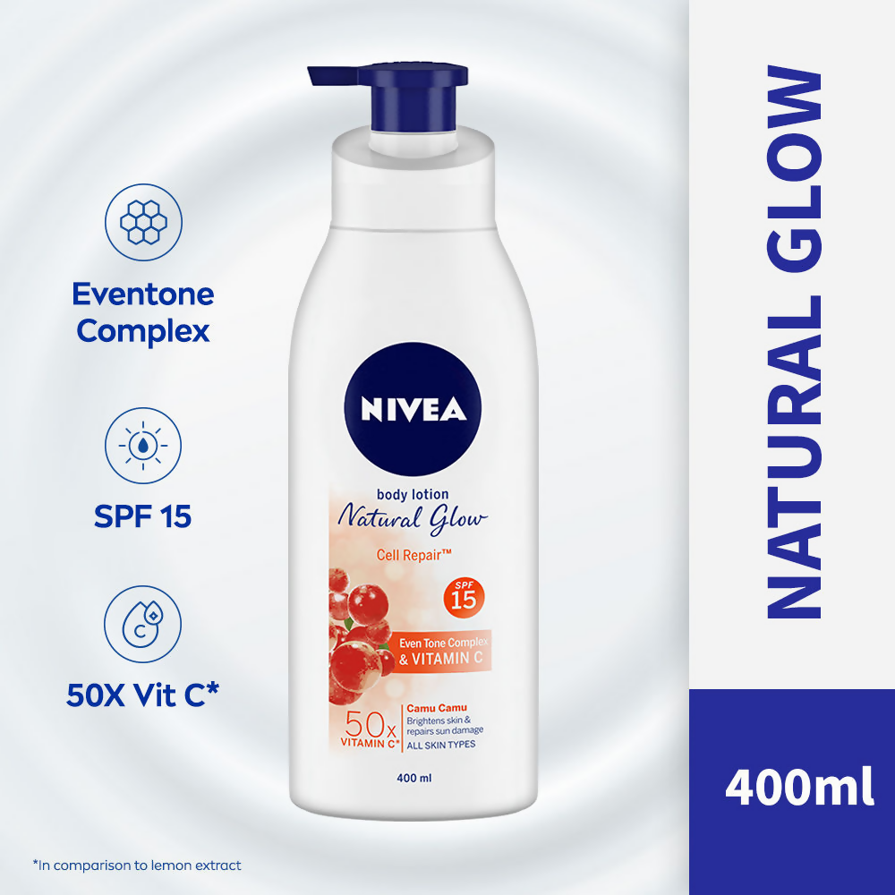 Nivea body lotion with SPF sunscreen and 50X vitamin C, featuring a white bottle with blue and orange accents.