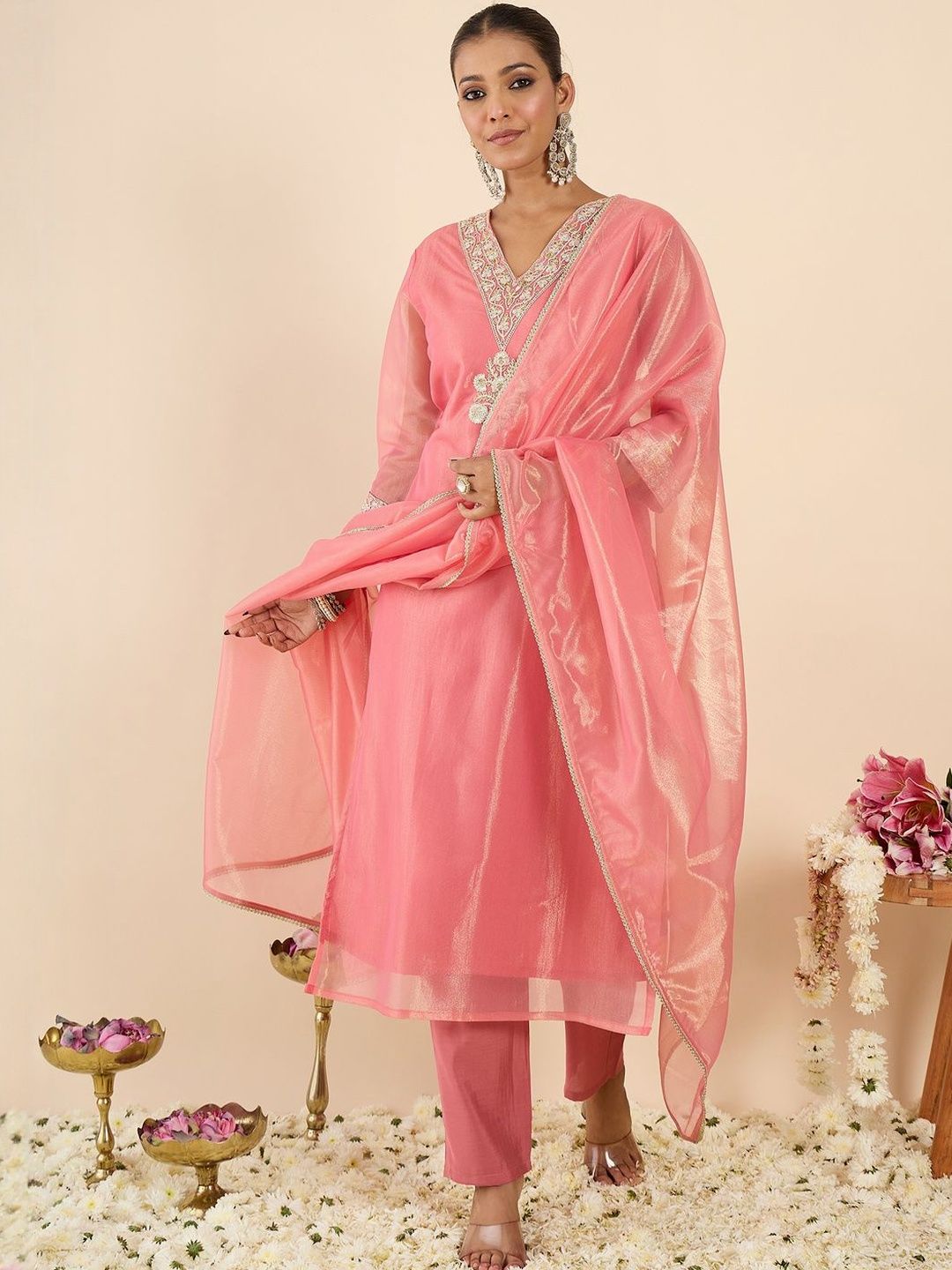 Women Ethnic Motifs Embroidered Regular Kurta with Trousers & With Dupatta