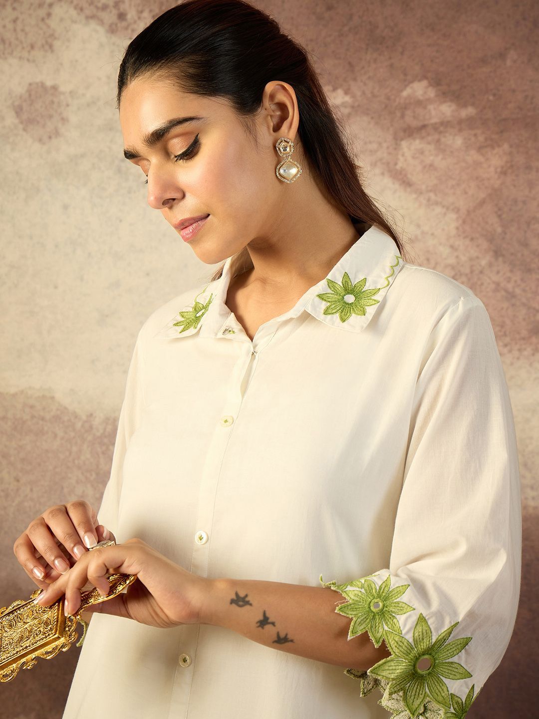 Floral Embroidered Thread Work Pure Cotton Kurta With Palazzo