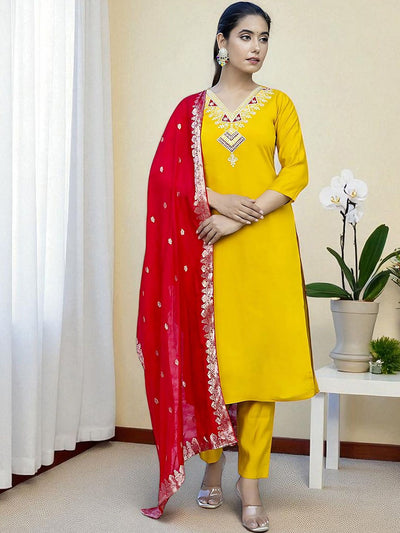 Indyancart SN Women's Floral Embroidered Thread Work V-Neck Straight Kurta With Trouser And Dupatta