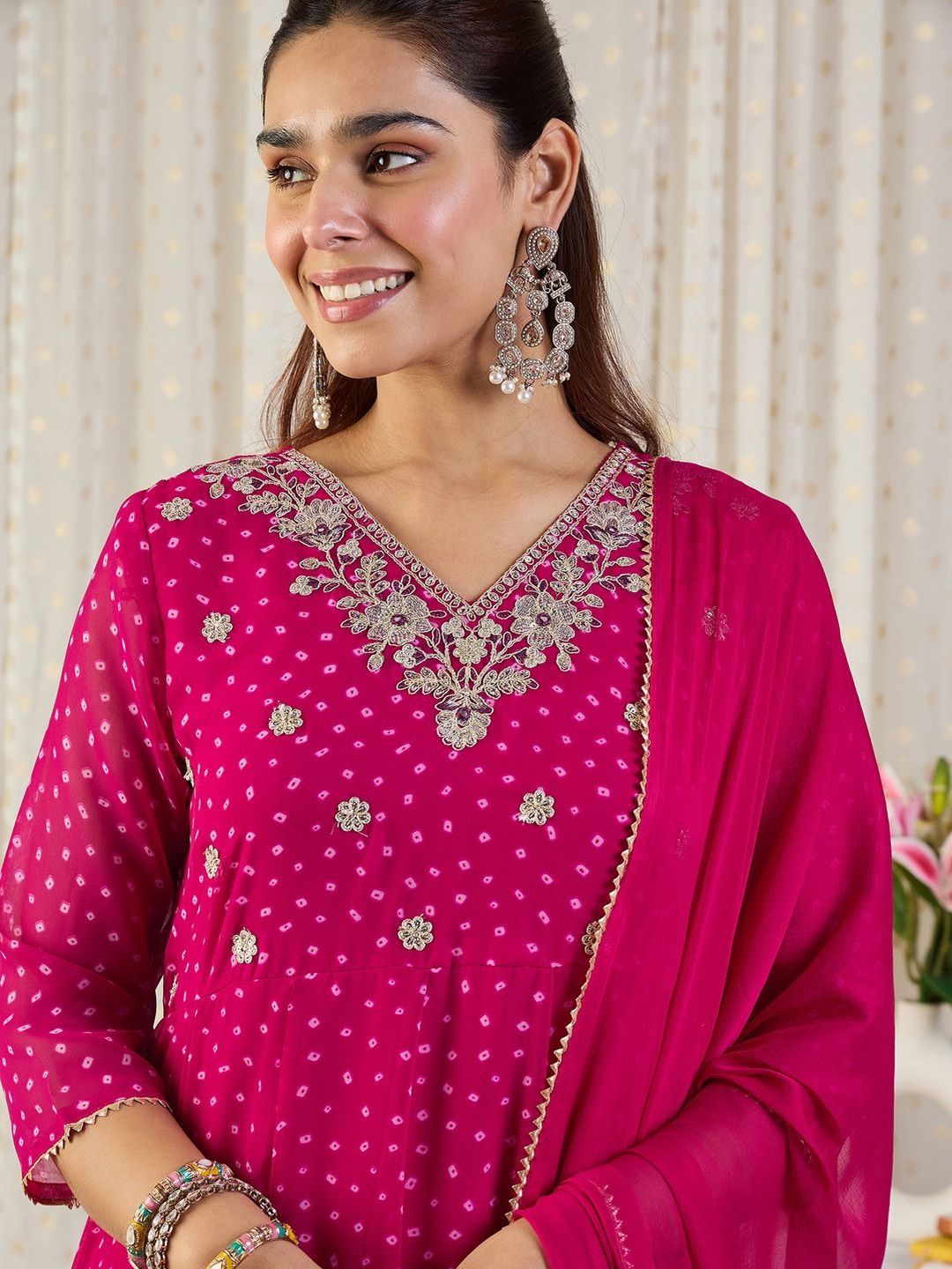 Ethnic Motifs Printed Panelled Thread Work Kurta With Trousers & Dupatta