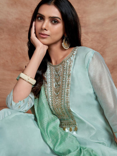 Indyancart SN Women's Floral Embroidered Sequinned Chanderi Silk Straight Kurta & Palazzo With Dupatta
