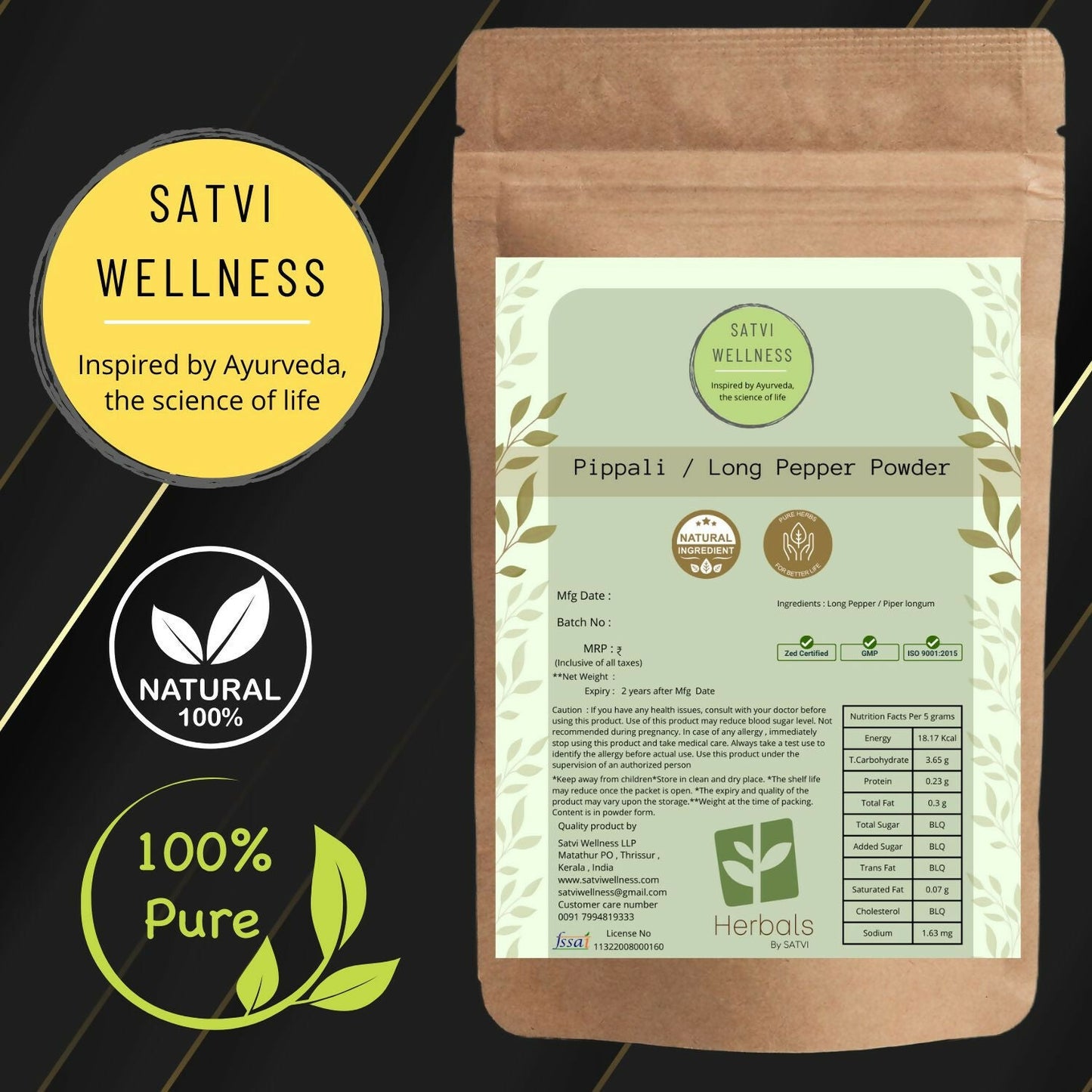 Satvi Wellness Pippali Powder, Kerala Ayurvedic spice, showing fine red-brown powder in a bowl.