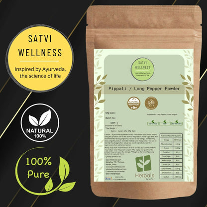 Satvi Wellness Pippali Powder, Kerala Ayurvedic spice, showing fine red-brown powder in a bowl.