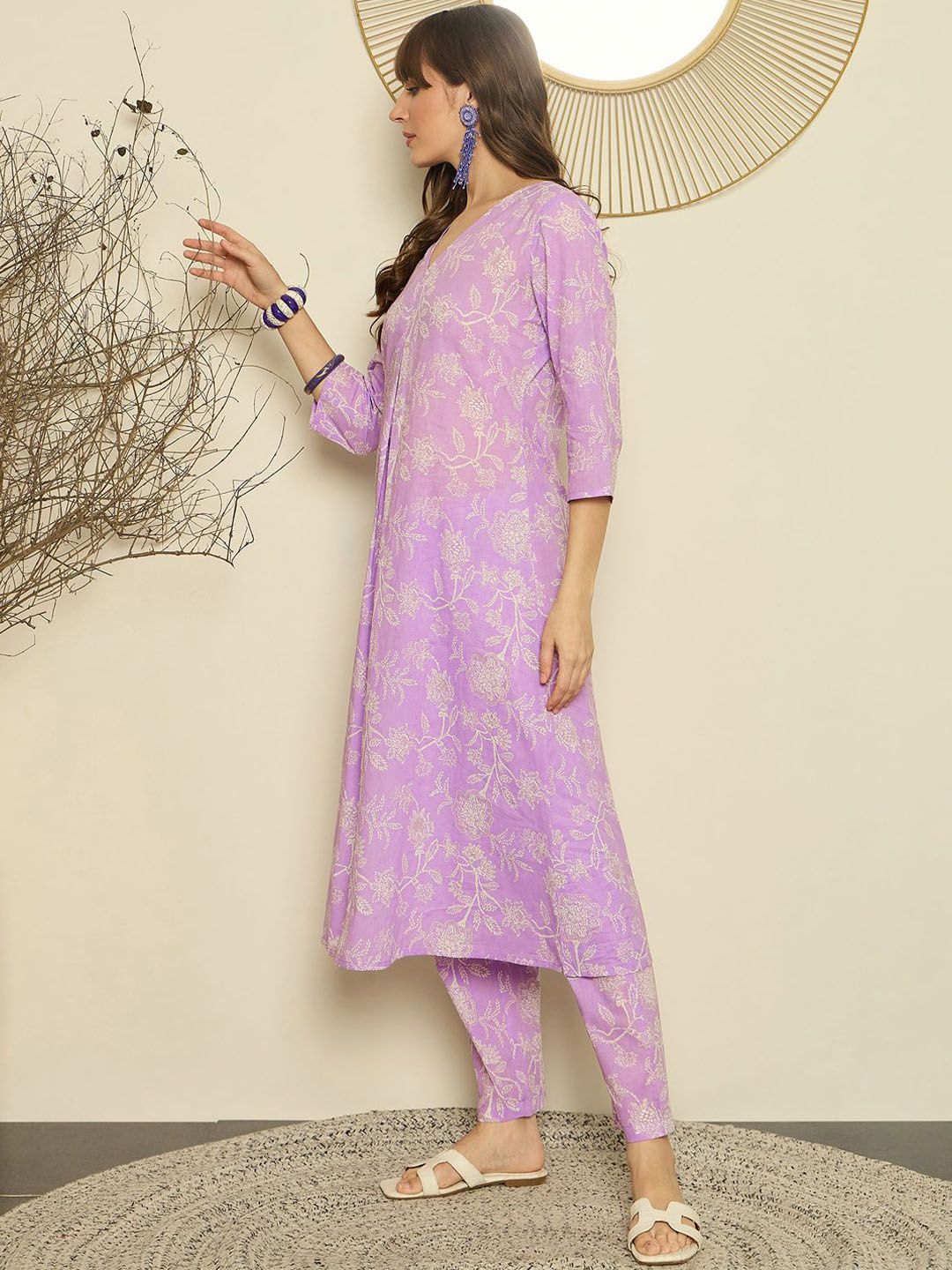 Indyancart IE Printed A-Line Pure Cotton Tunic With Trousers