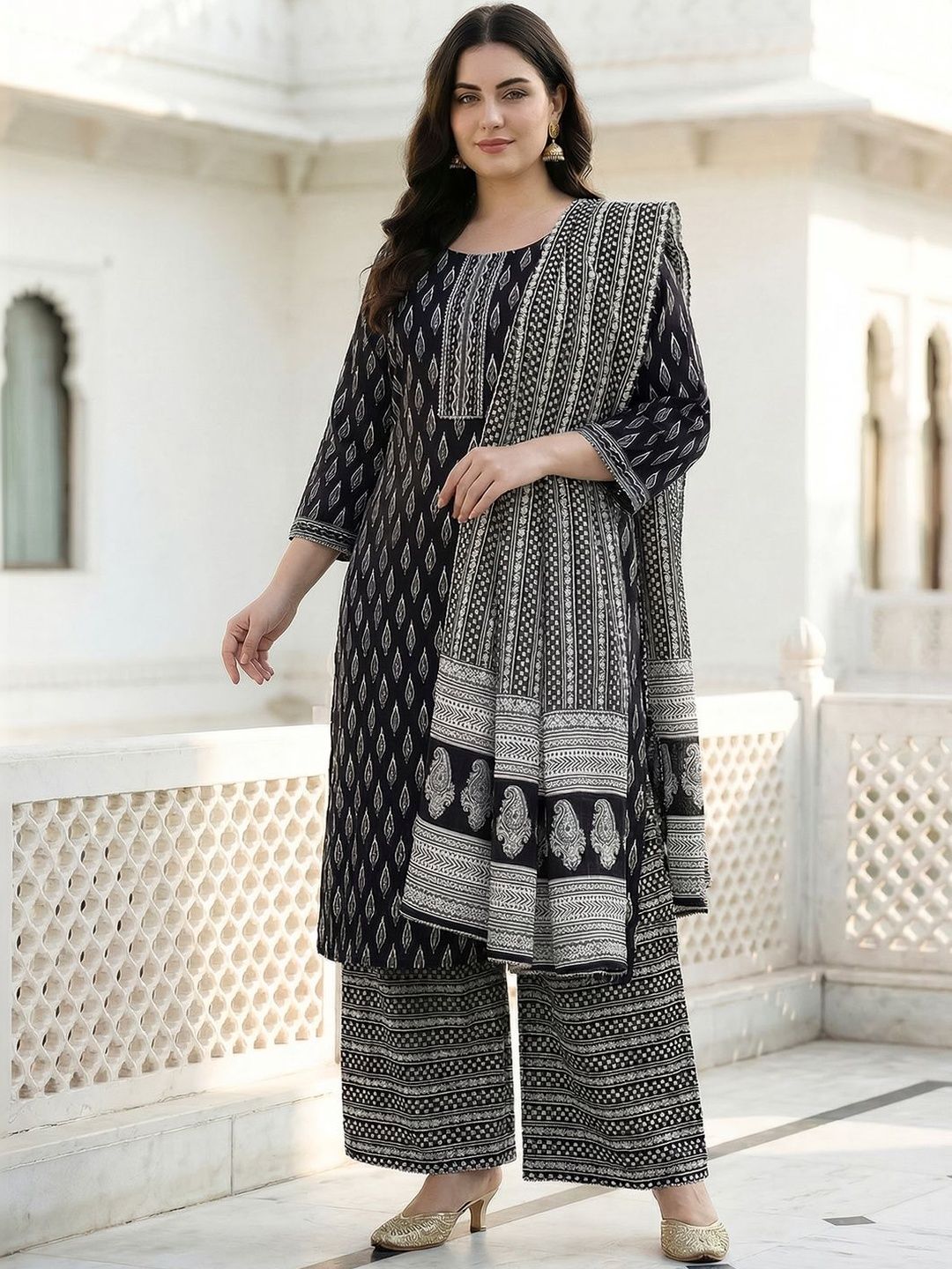 Indyancart Women's Ethnic Motifs Printed Mirror Work Pure Cotton Kurta with Palazzos & With Dupatta
