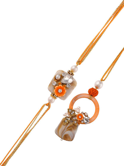 Anouk Orange Beaded Bhaiya Bhabhi Rakhi With Roli Chawal & Greeting Card
