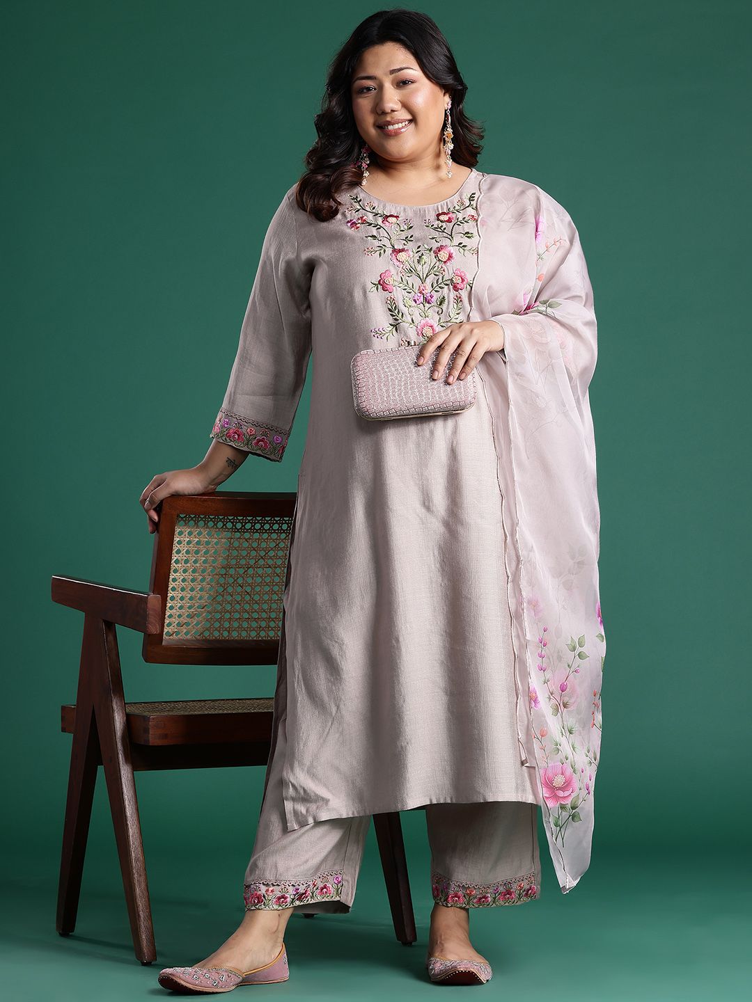 Indyancart Women's Floral Embroidered Regular Thread Work Round Neck Kurta with Trousers & Dupatta