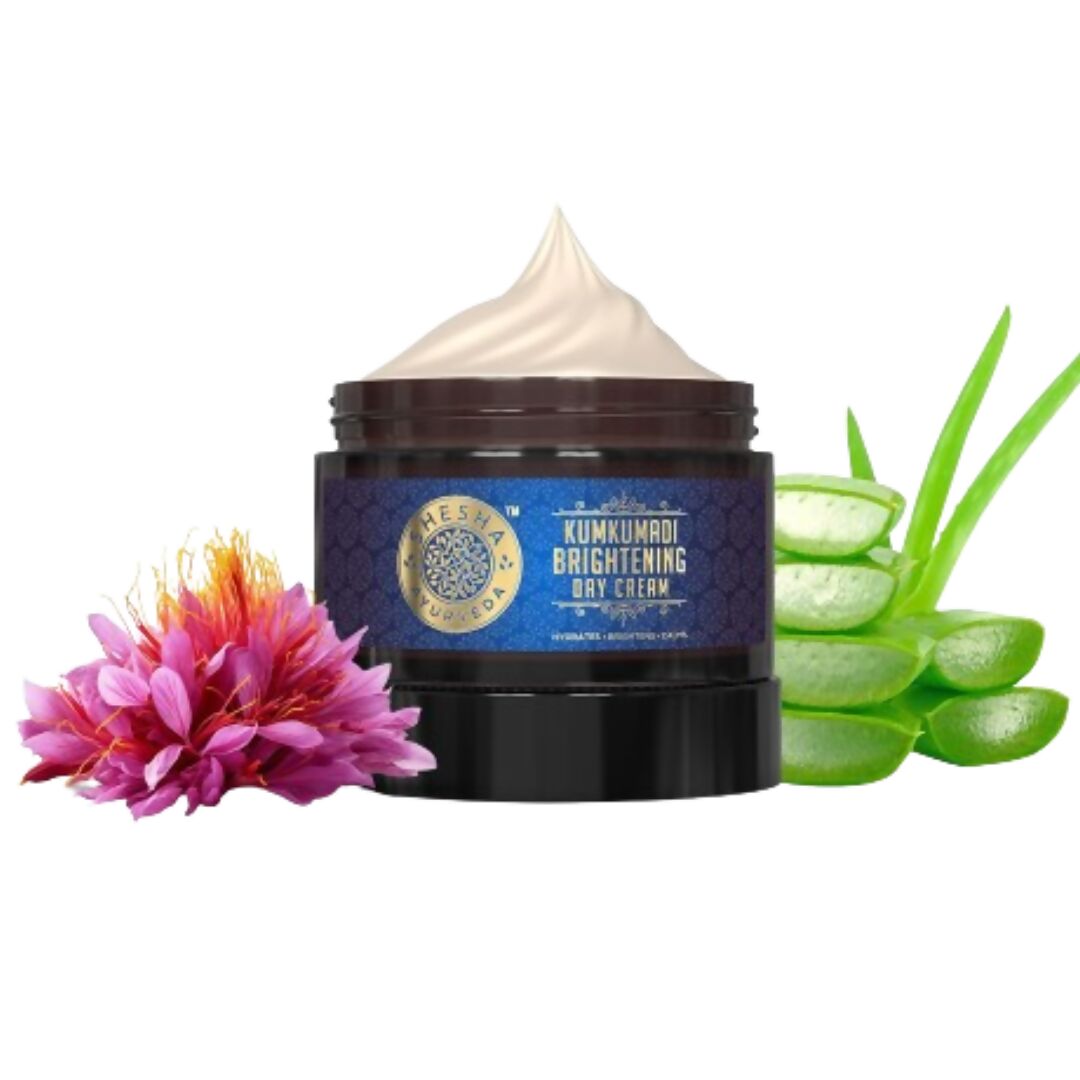 Shesha Ayurveda Kumkumadi Brightening Day Cream jar with creamy texture and brightening formula for radiant skin.