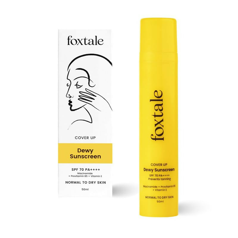 Foxtale Dewy Sunscreen SPF 70 PA++++ with Niacinamide, Vitamin E, and Provitamin B5, showing the sunscreen tube with a dewy finish.