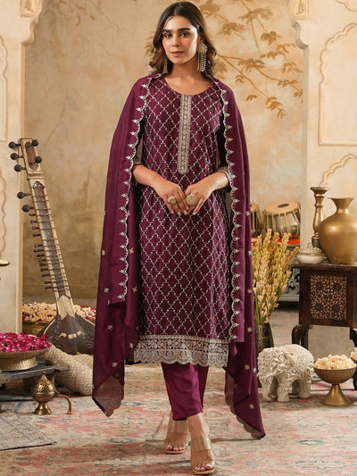 Indyancart IE Women Geometric Embroidered Kurta with Trousers & Dupatta