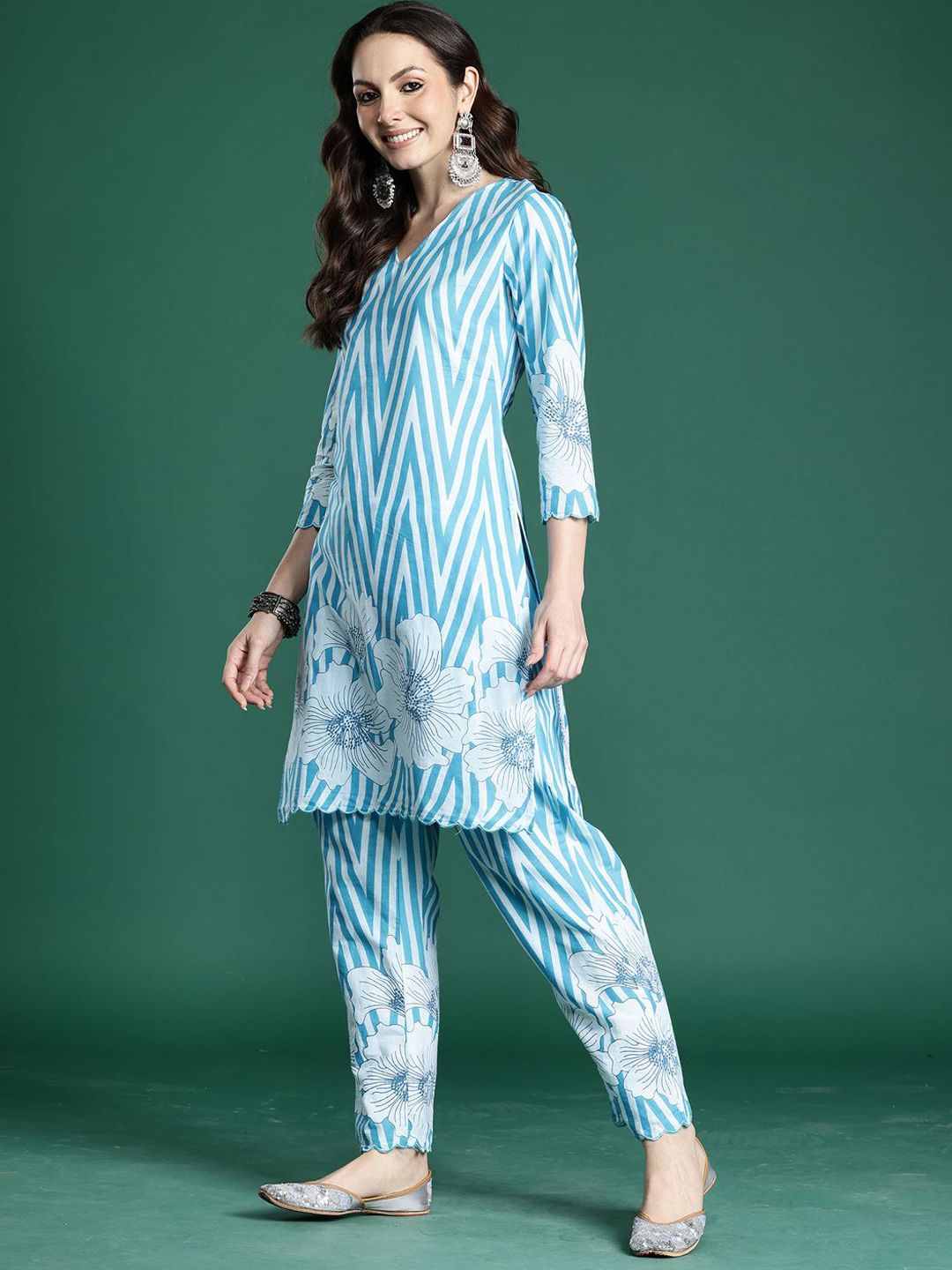 Dhiyona IE Printed Pure Cotton V Neck Top With Trousers Co-Ords