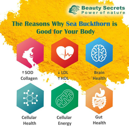 Beauty Secrets Himalayan Sea Buckthorn Ayurvedic capsules in a clear bottle, showing golden capsules on a white background.