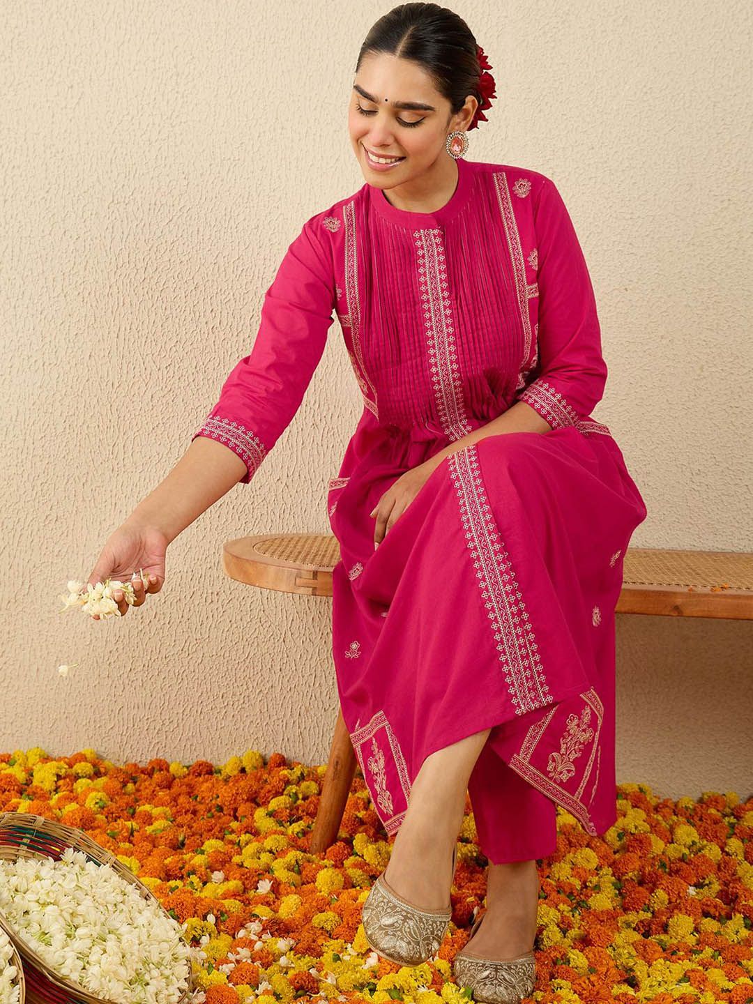 Dhiyona IE Embroidered Pure Cotton Mandarin Collar Neck Top With Trousers Co-Ords