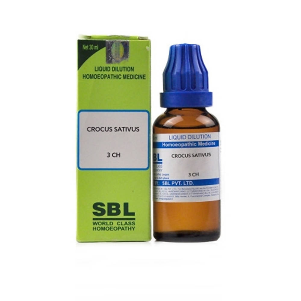 SBL Homeopathy Crocus Sativus dilution bottle for wellness, with labels and dropper visible.