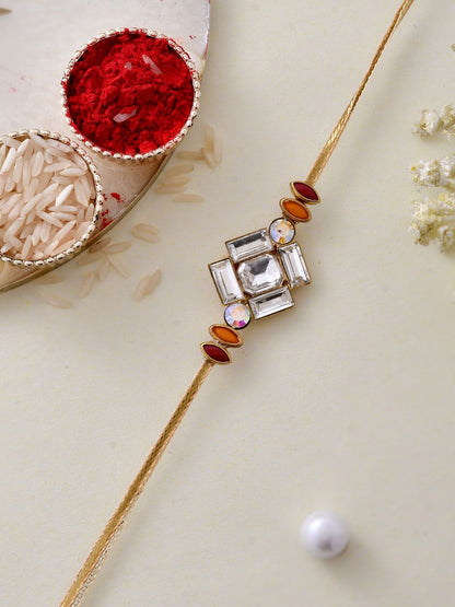 Anouk Gold Toned American Diamond Stone Studded Rakhi With Roli Chawal & Greeting Card