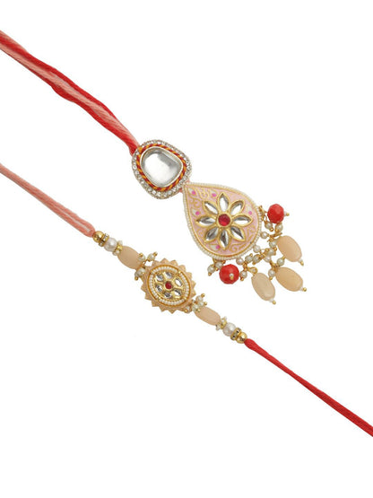 Anouk Red Stone Studded & Beaded Bhaiya Bhabhi Thread Rakhis With Roli Chawal