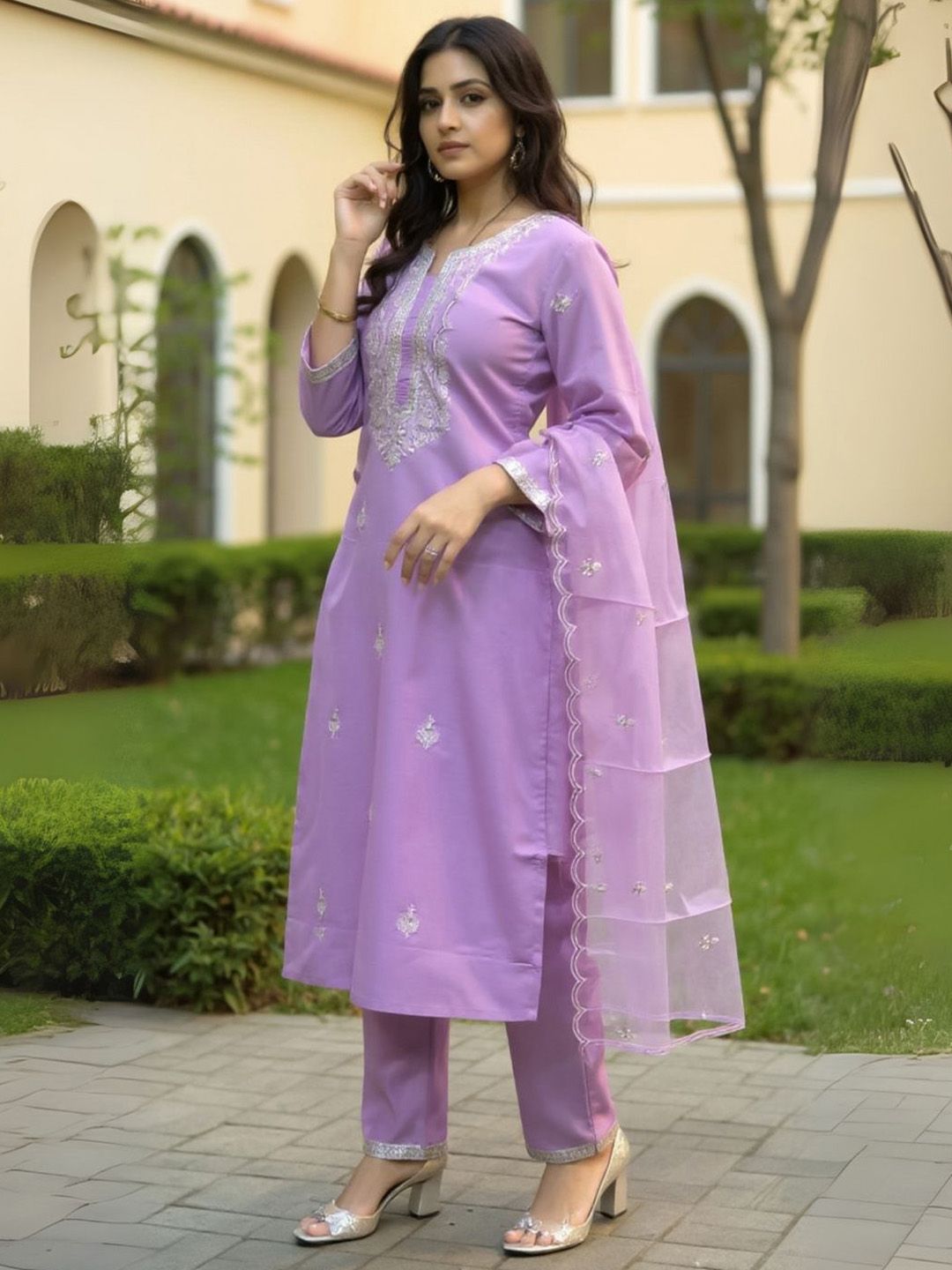 Ethnic Motifs Embroidered Notch Neck Sequinned Kurta With Trousers & Dupatta