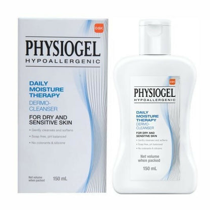 Physiogel Daily Moisture Therapy Dermo Cleanser bottle with white packaging and label showing skincare benefits.