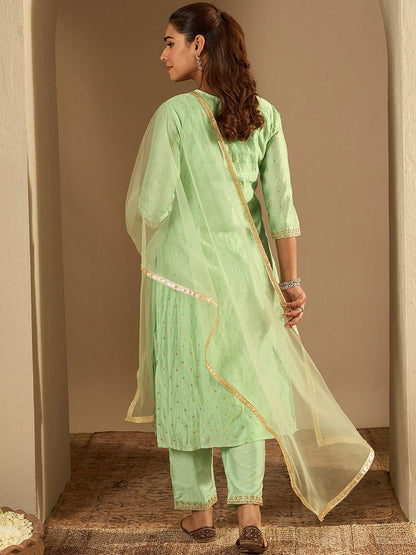 Indyancart IE Floral Embroidered Chanderi Silk Straight Kurta With Trousers & Dupatta