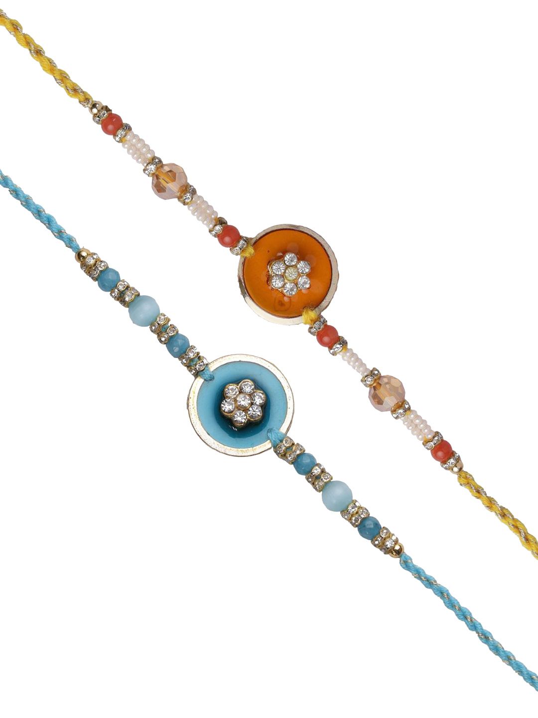 Anouk Set Of 2 Blue Stones Studded & Beaded Rakhis Comes With Roli Rice & Greeting Card