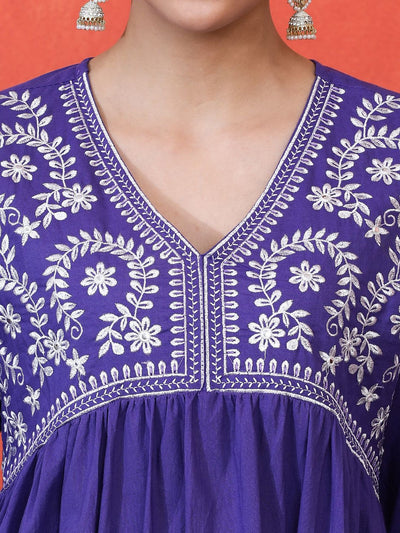Indyancart SN Women's Floral Embroidered Pure Cotton Anarkali Kurta And Trousers With Dupatta